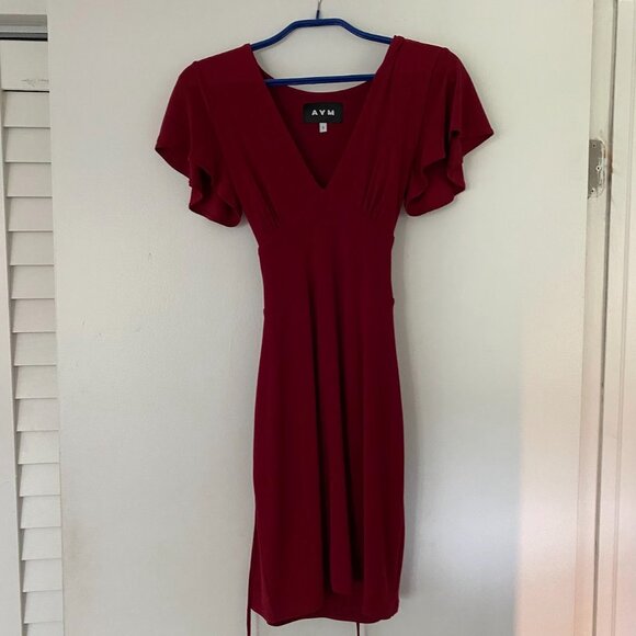 AYM Mini Dress Wine Red – Flutter Sleeve Corset Waist Size Small - Picture 5 of 6